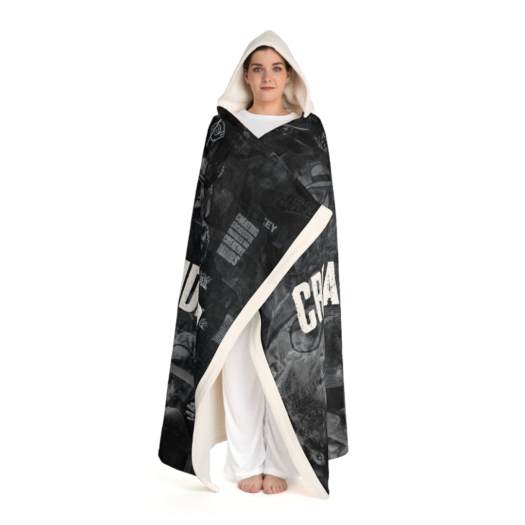 Hooded Sherpa Blanket - Cozy Black Graphic Fleece with Hooded Wrap
