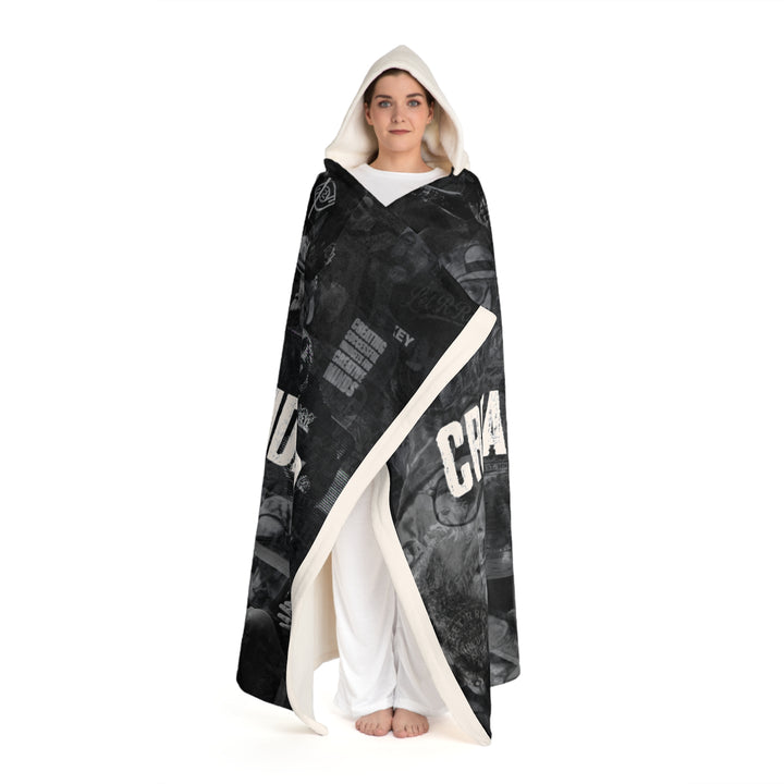 Hooded Sherpa Blanket - Cozy Black Graphic Fleece with Hooded Wrap