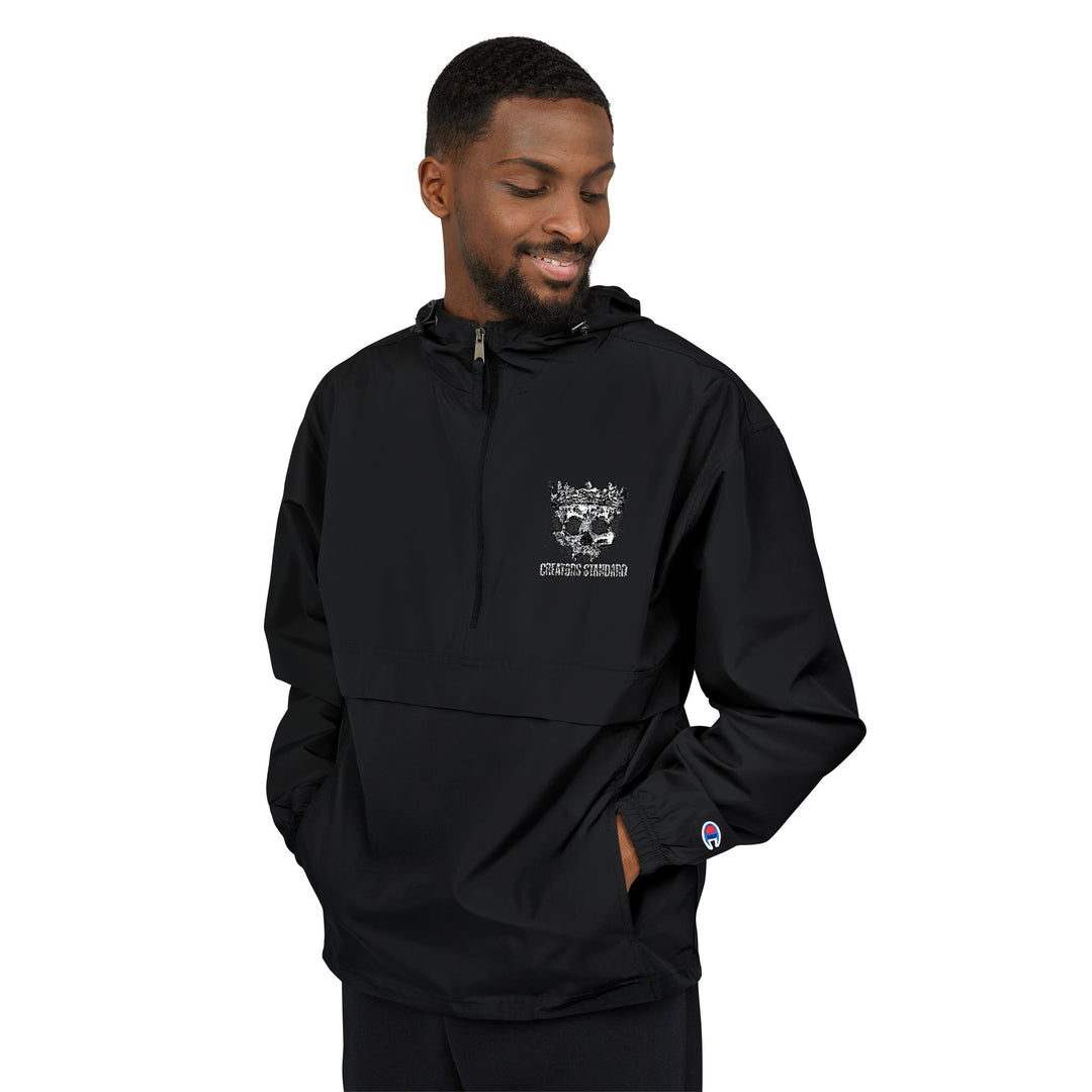 Black Packable Anorak Jacket with White Floral Crest — Lightweight Windbreaker for Travel &amp; Outdoor