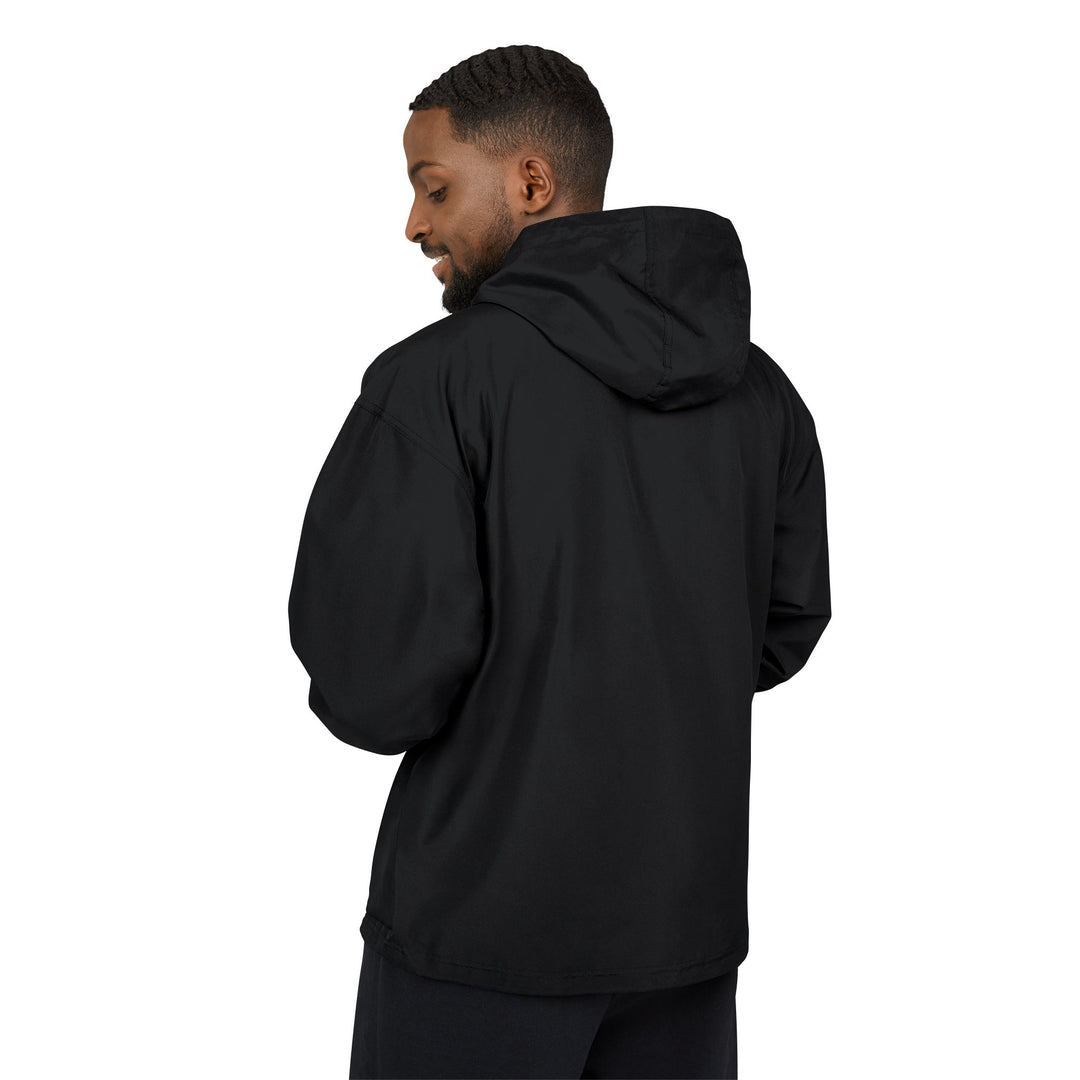 Black Packable Anorak Jacket with White Floral Crest — Lightweight Windbreaker for Travel &amp; Outdoor
