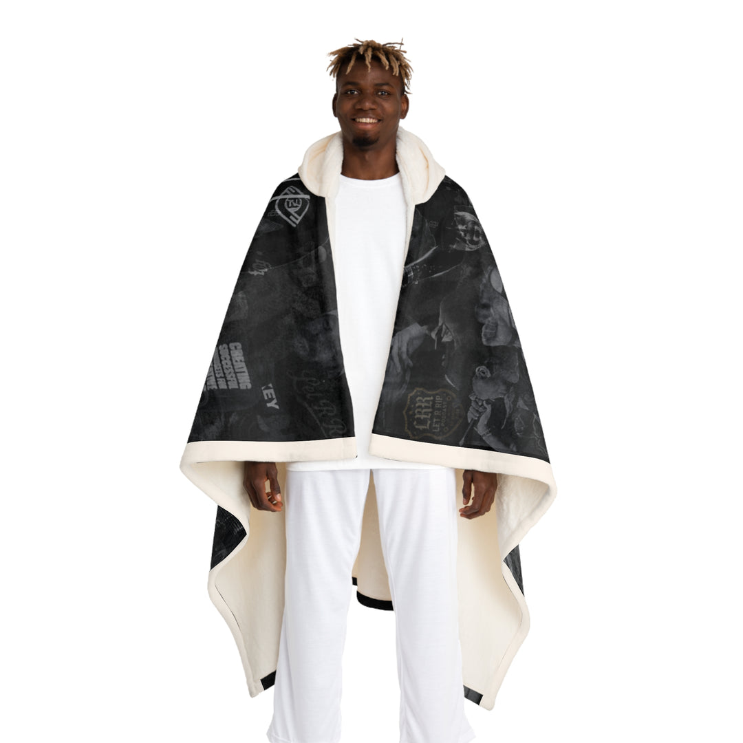 Hooded Sherpa Blanket - Cozy Black Graphic Fleece with Hooded Wrap