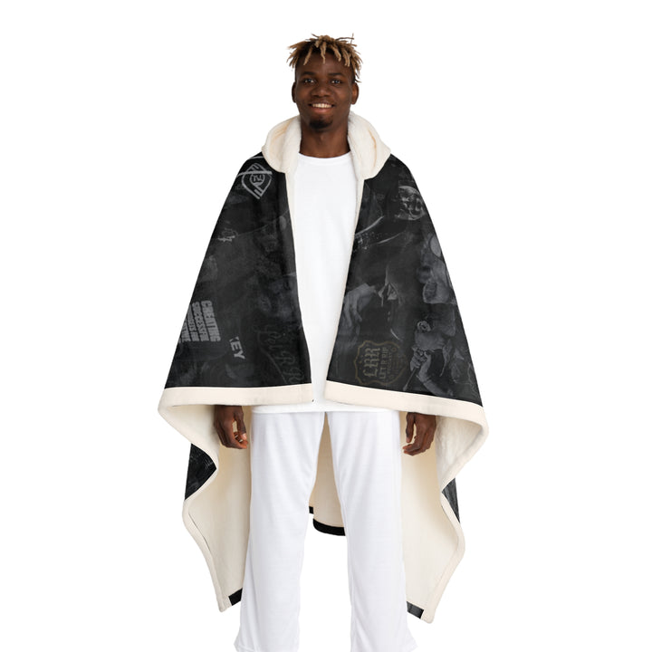 Hooded Sherpa Blanket - Cozy Black Graphic Fleece with Hooded Wrap