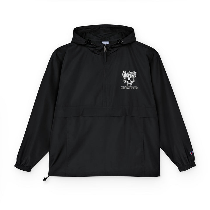 Black Packable Anorak Jacket with White Floral Crest — Lightweight Windbreaker for Travel &amp; Outdoor