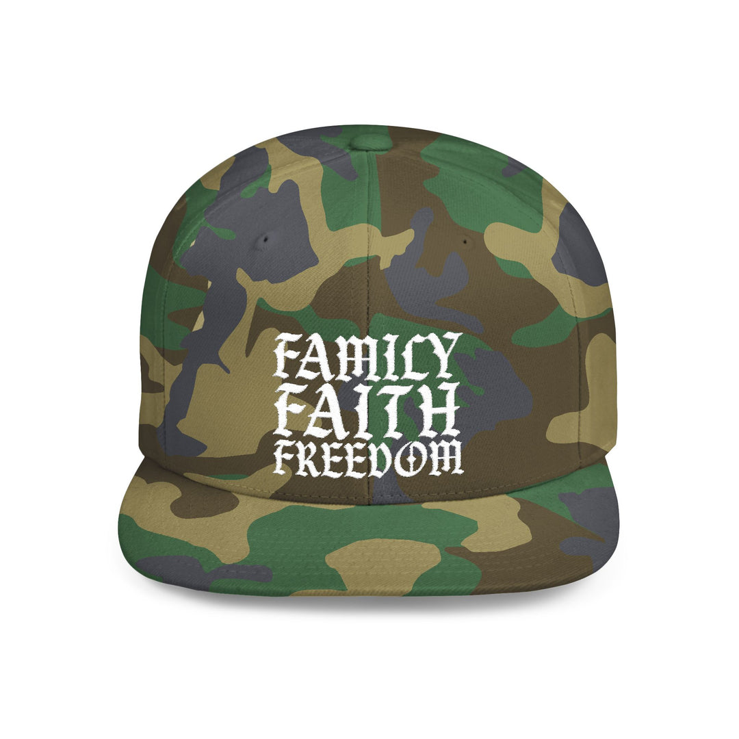 Camo Snapback Hat — "Family Faith Freedom" Flat Bill Military Cap