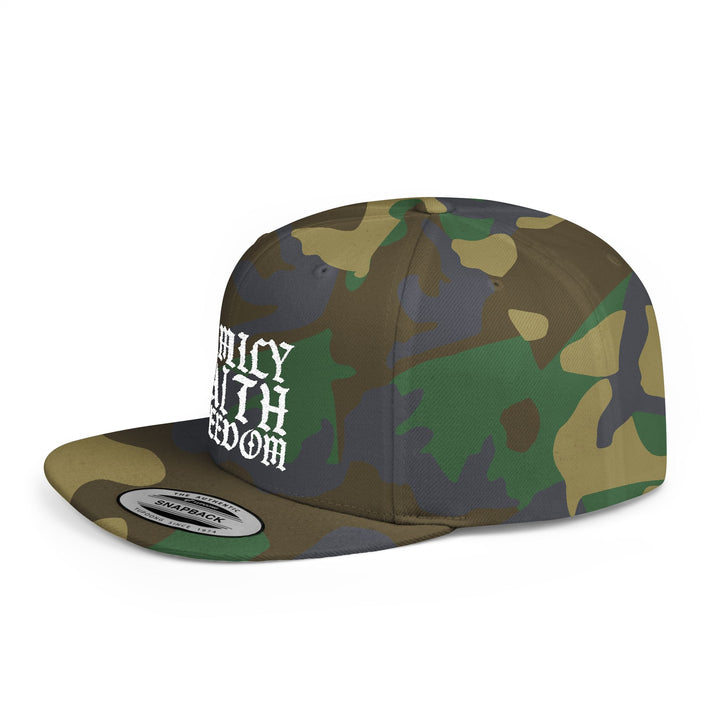 Camo Snapback Hat — "Family Faith Freedom" Flat Bill Military Cap